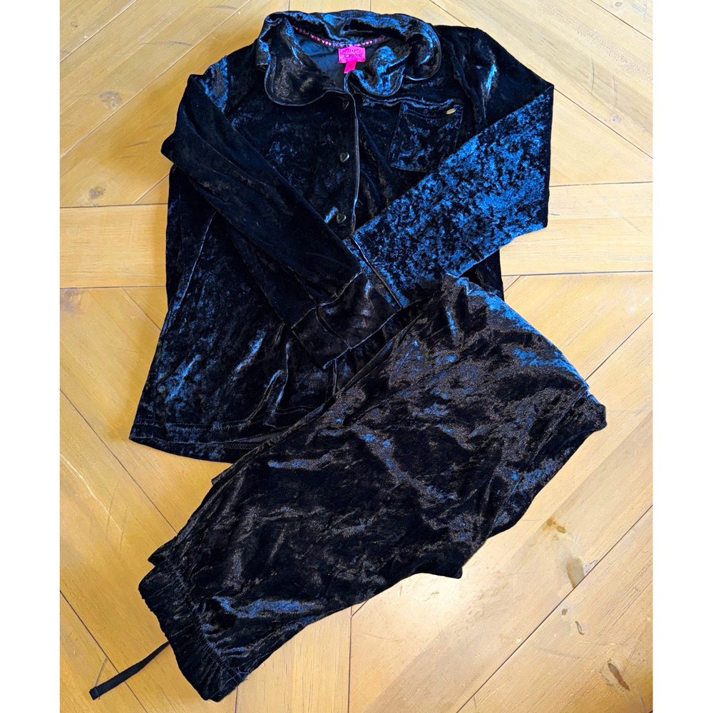 Vintage Betsey Johnson Pajama Set Women's Small Black Crushed Velvet 2 Piece S